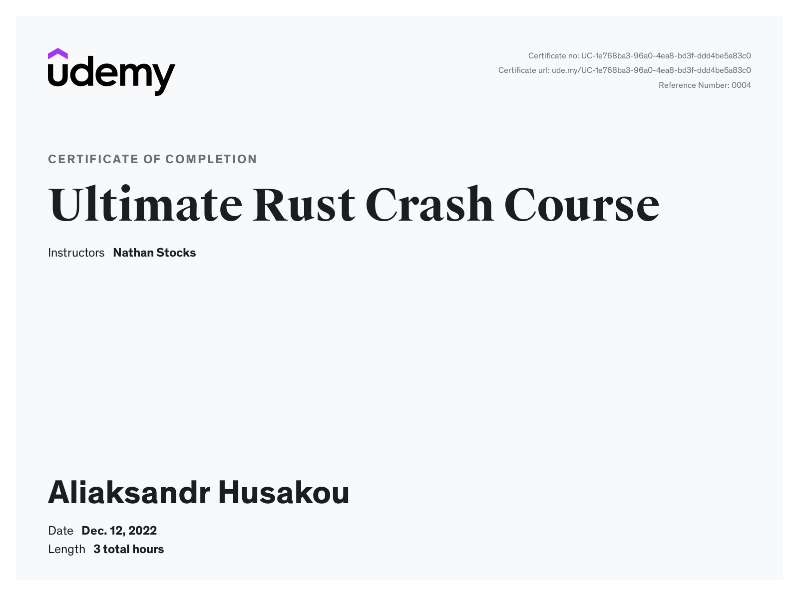Rust crash course | Certificate